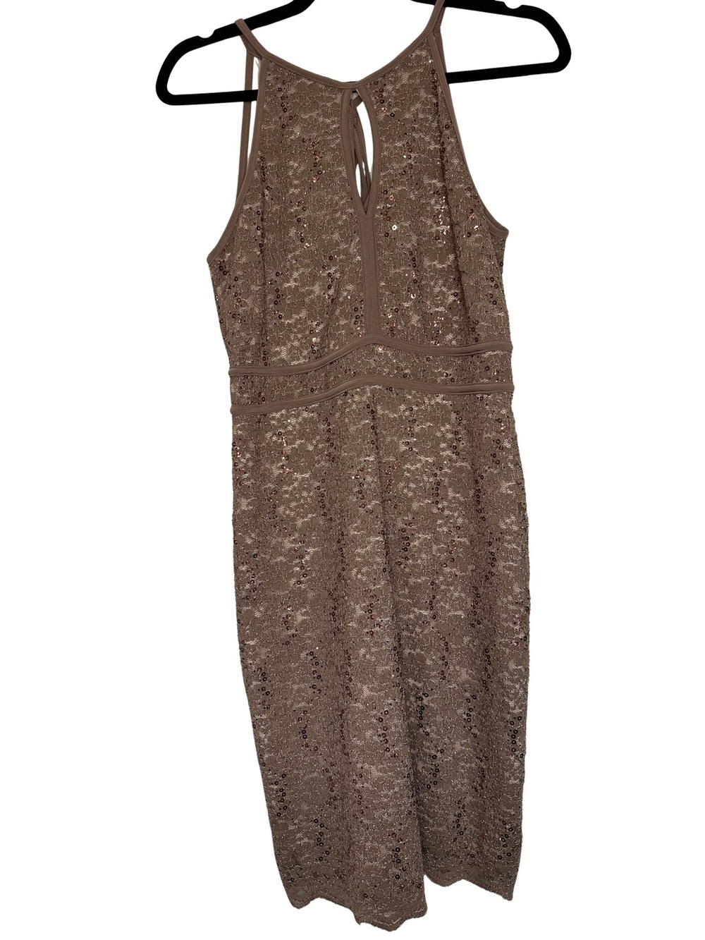 CB Taupe Sequin Lace Sheath Dress Size 10 Halter Tie-Back Sparkle